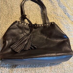 LAGGO Black Leather Tassel Tote Bag with Stud Trim